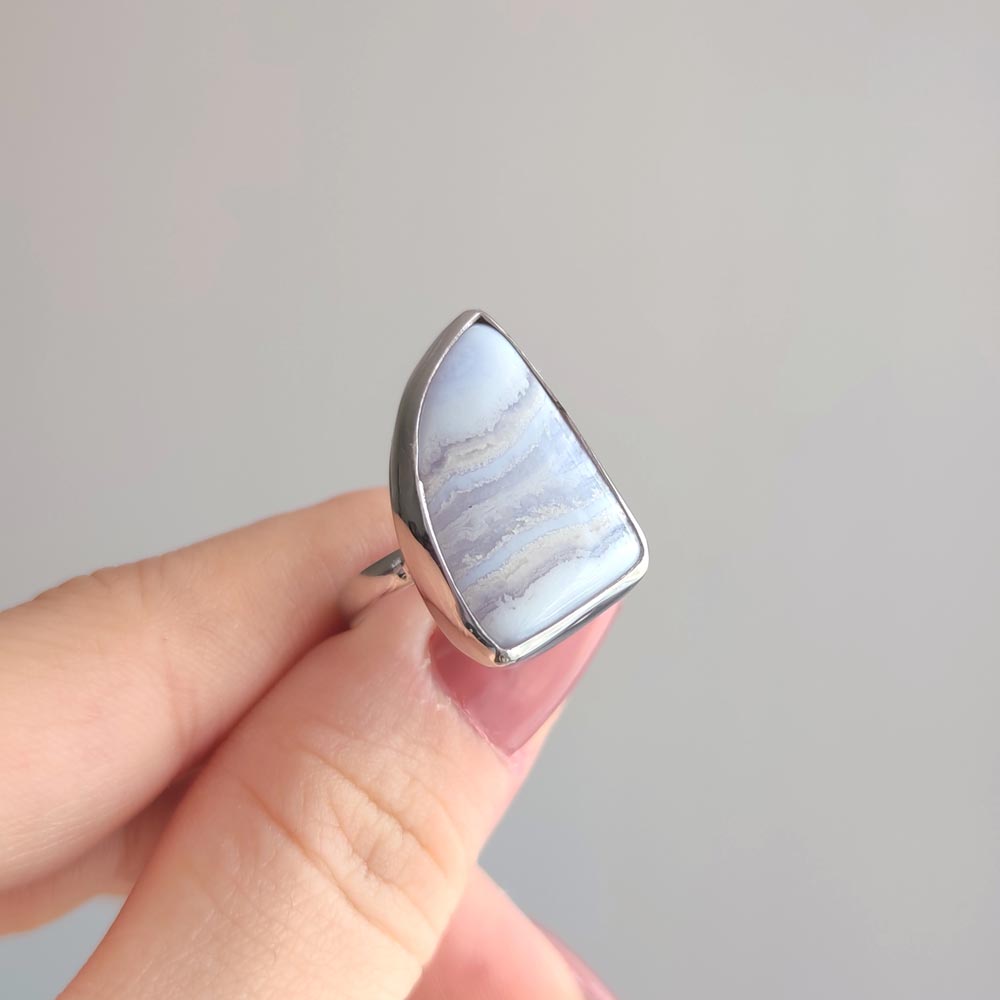 925 Natural Blue Chalcedony ( Lace Agate ) Stone Ring