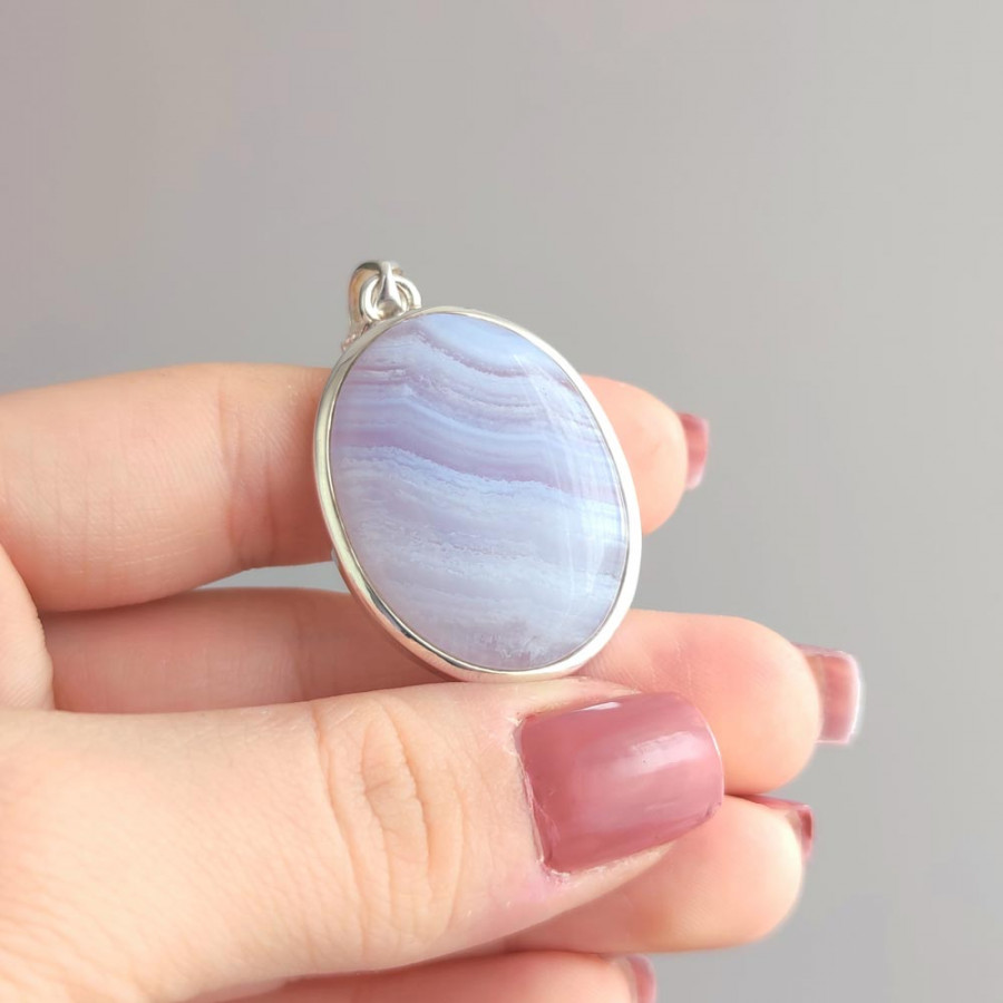 925 Natural Blue Chalcedony ( Lace Agate ) Stone Pendant