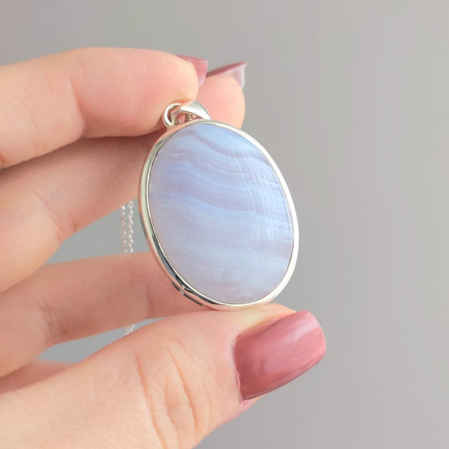925 Natural Blue Chalcedony ( Lace Agate ) Stone Pendant