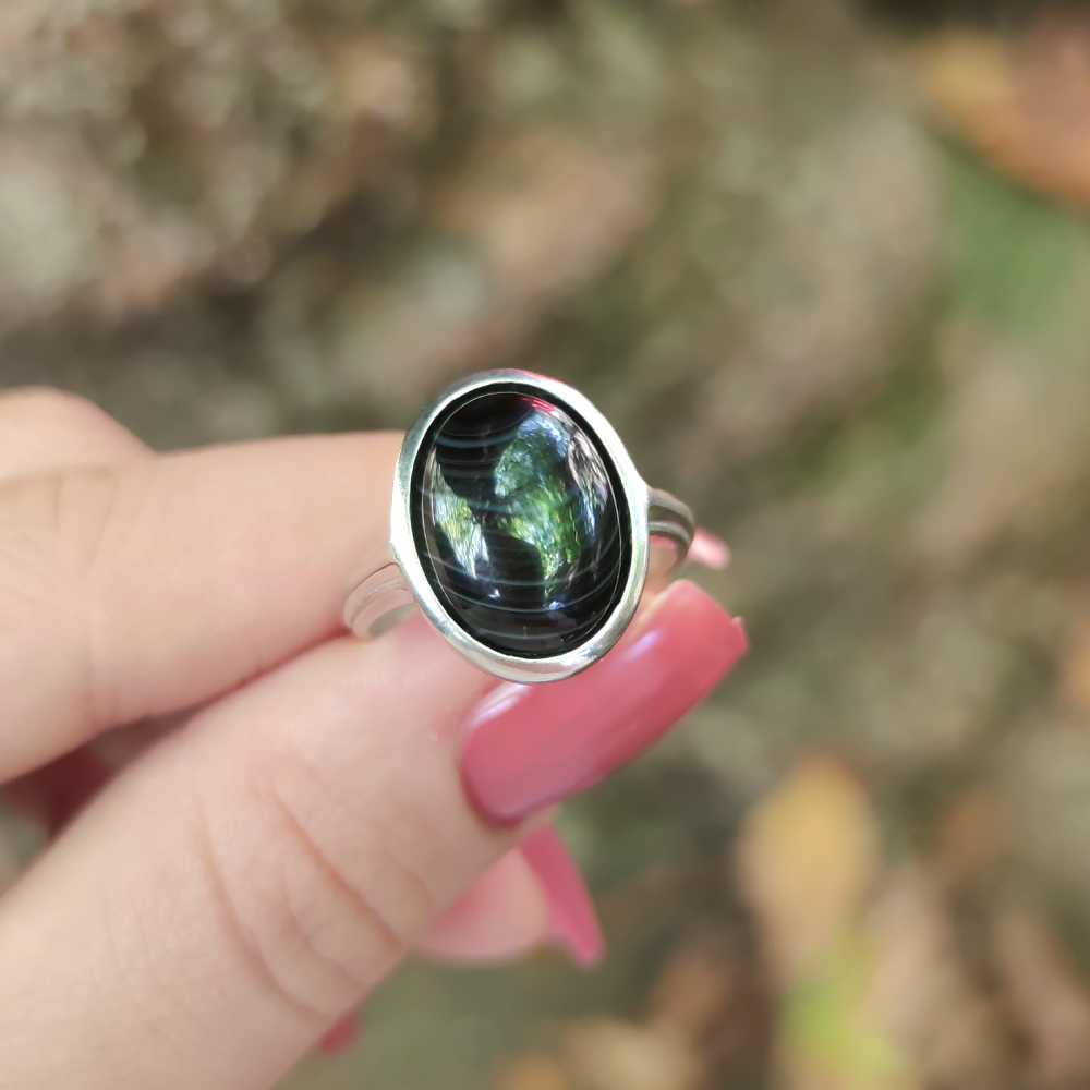 925 Silver Natural Black Agate Stone Ring - No : 1100