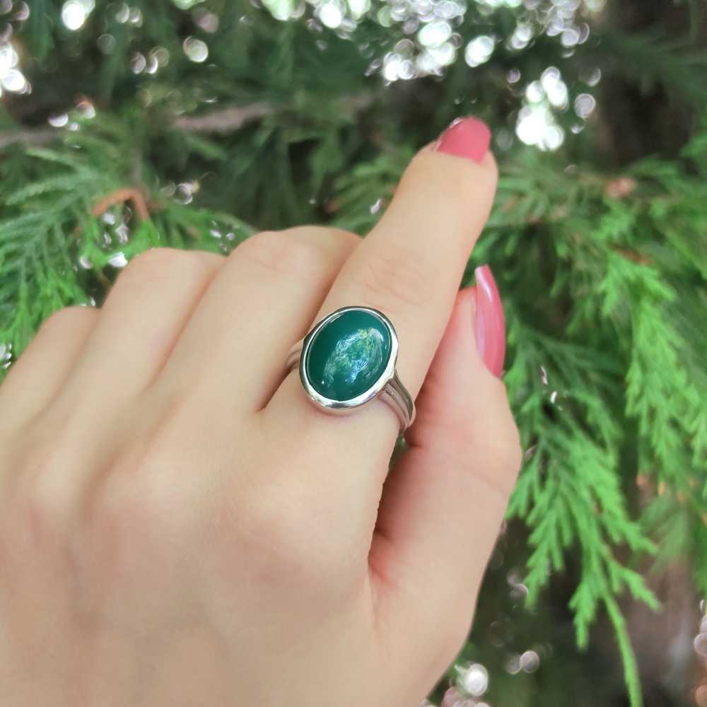 925 Silver Natural Green Agate Ring - No : 1100