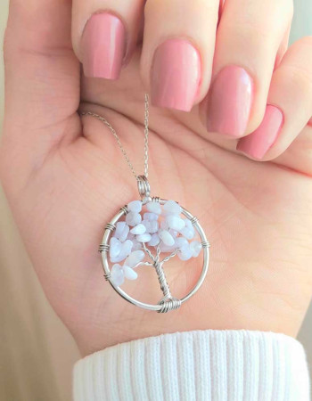 Natural Blue Chalcedony Stone Pendant - Tree Of life
