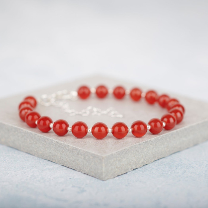 925 Sterling Silver Bracelet , 6mm Natural Red Agate Bracelet