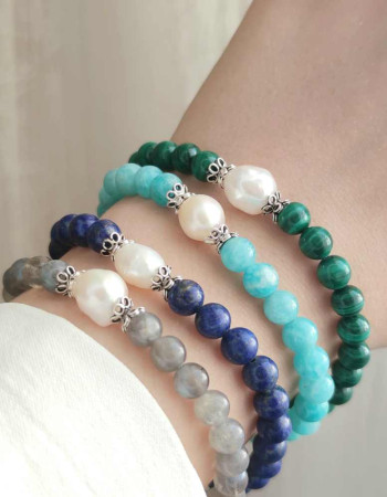 Natural Gemstone + Pearl Bracelet , 6mm Natural Amazonite & Pearl Bracelet - No : BR0100