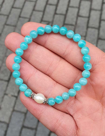 Natural Gemstone + Pearl Bracelet , 6mm Natural Amazonite & Pearl Bracelet - No : BR0100