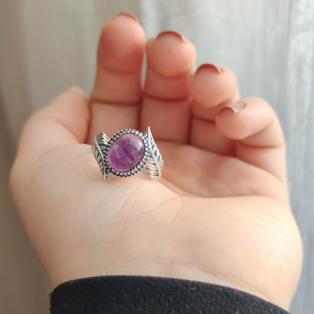 925 Silver Natural Amethyst Stone Ring - Angel Wings Design