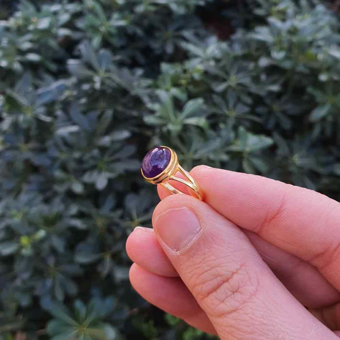 خاتم حجر الاماتيست الطبيعي ( جمشت ) من الفضة الاسترليني عيار 925