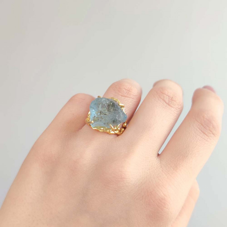 925 Silver Natural Aquamarine Stone Ring - Raw Shape