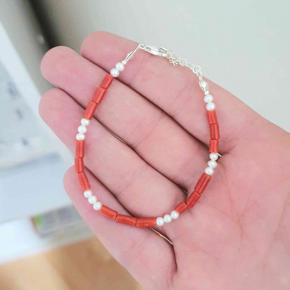 925 Silver Natural Red Coral Stone & White Pearl Bracelet