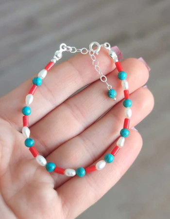 925 Silver Natural Red Coral Stone , Whtie Pearl & Turquoise stone Bracelet