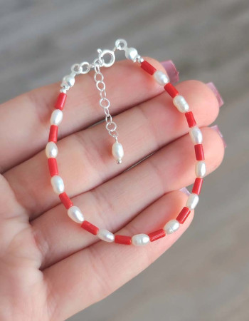 925 Silver Natural Red Coral Stone & White Pearl Bracelet