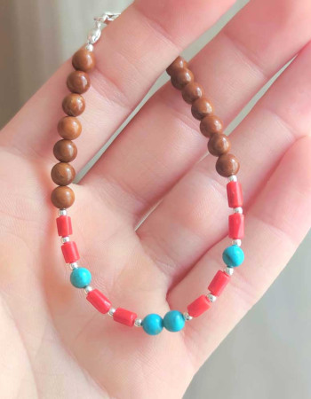 925 Silver Natural Red Coral Stone & Coke Wood Bracelet