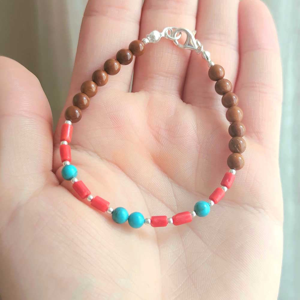 925 Silver Natural Red Coral Stone & Coke Wood Bracelet