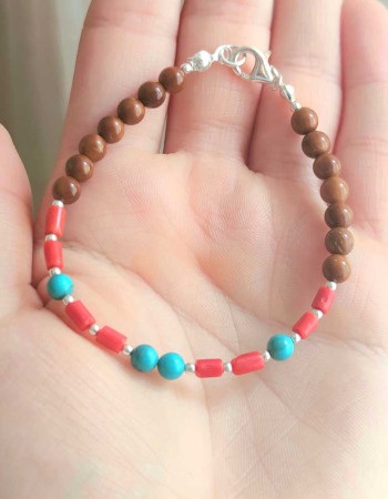 925 Silver Natural Red Coral Stone & Coke Wood Bracelet