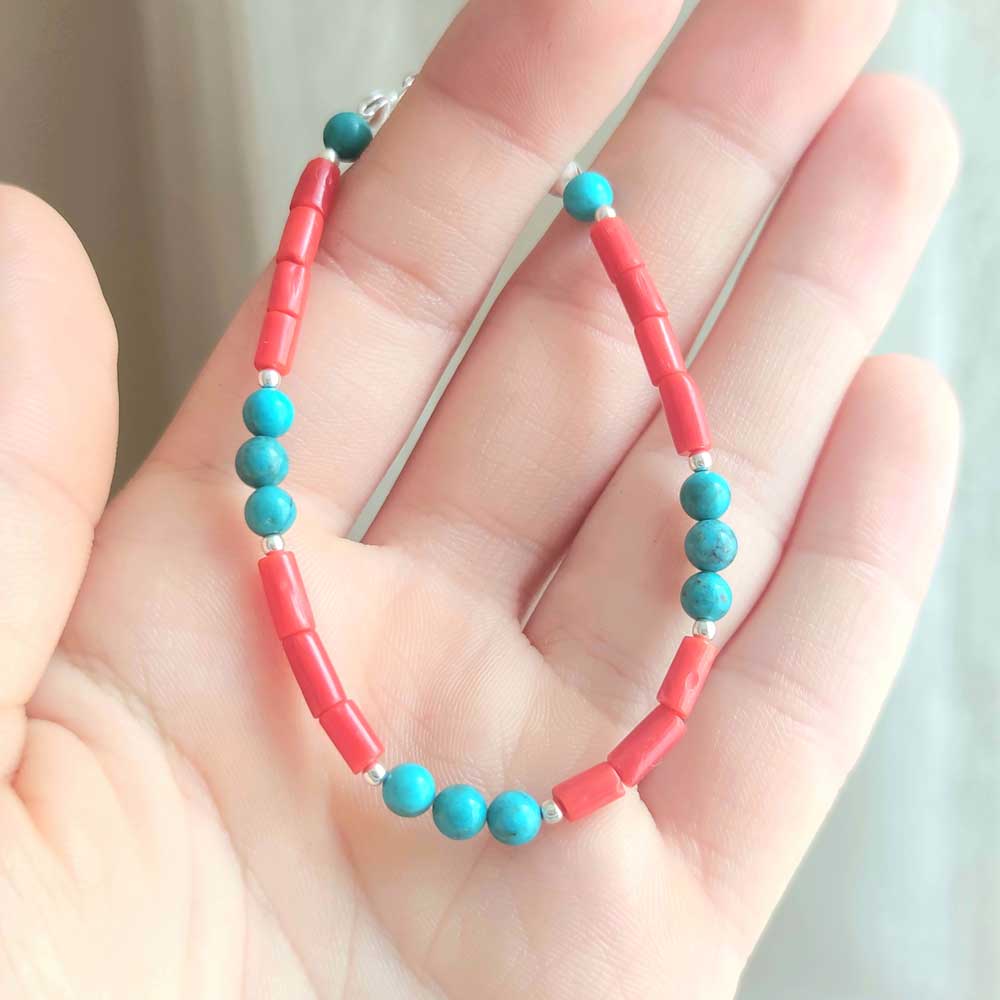925 Silver Natural Red Coral Stone & Turquoise stone Bracelet