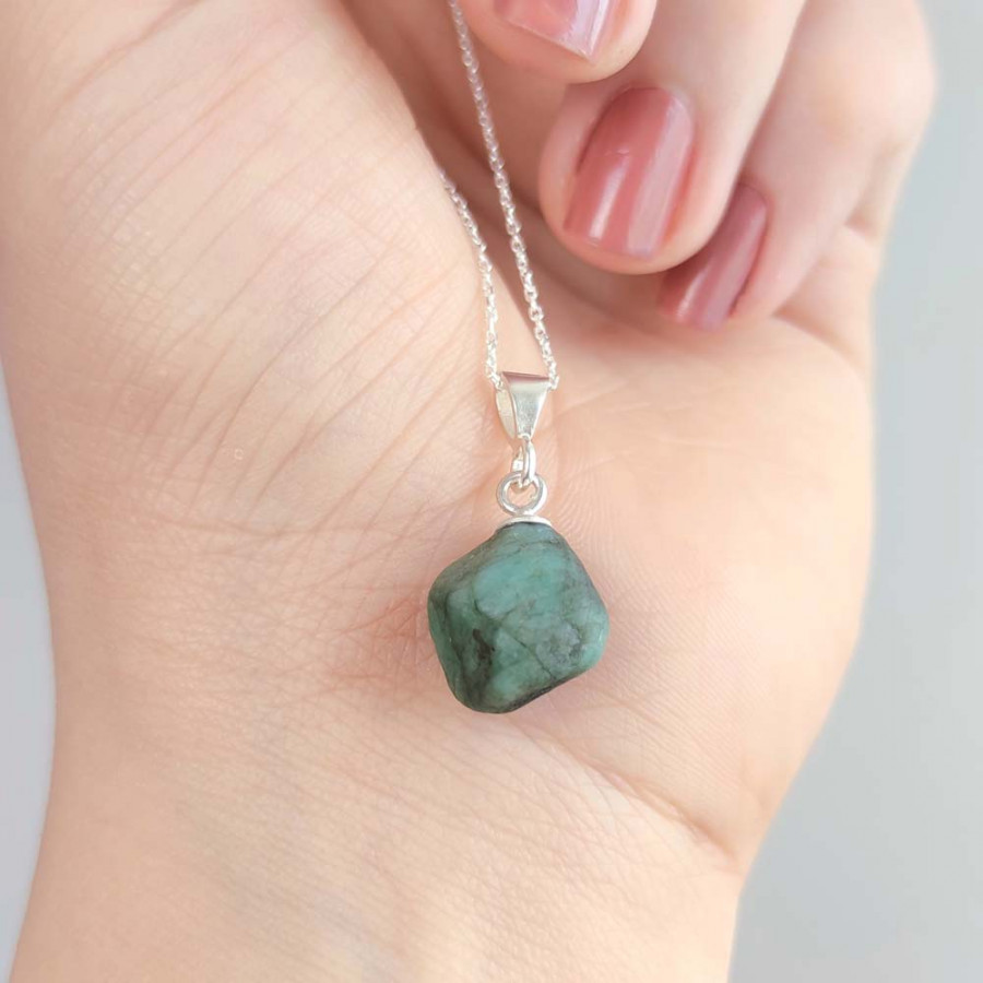 925 Sterling Silver Tiny Emerald Stone Pendant - Raw Shape