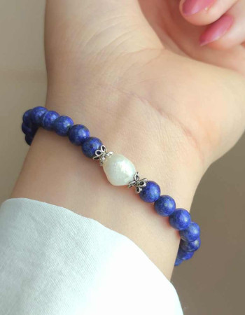 Natural Gemstone + Pearl Bracelet , 6 mm Natural Lapis Lazuli Bracelet With Pearl - No : BR0100