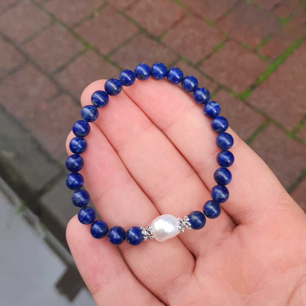 Natural Gemstone + Pearl Bracelet , 6 mm Natural Lapis Lazuli Bracelet With Pearl - No : BR0100