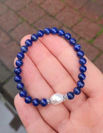 Natural Gemstone + Pearl Bracelet , 6 mm Natural Lapis Lazuli Bracelet With Pearl - No : BR0100