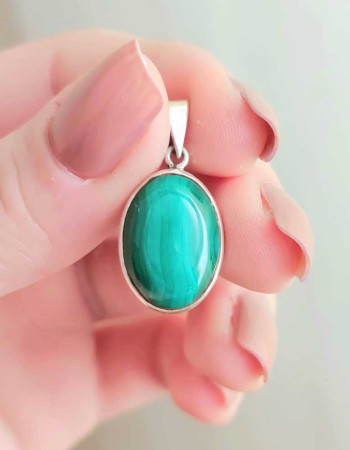 925 Silver Malachite Stone Pendant - Oval Shape