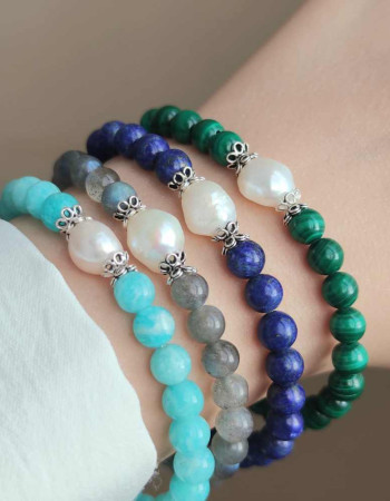 Natural Gemstone + Pearl Bracelet , Natural Malachite Stone Bracelet With Pearl - No : BR0100