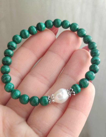 Natural Gemstone + Pearl Bracelet , Natural Malachite Stone Bracelet With Pearl - No : BR0100
