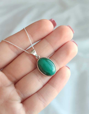 925 Silver Malachite Stone Pendant - Oval Shape
