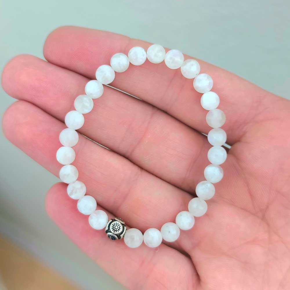 6mm Natural Moonstone Bracelet With 925 Sterling Silver Ball