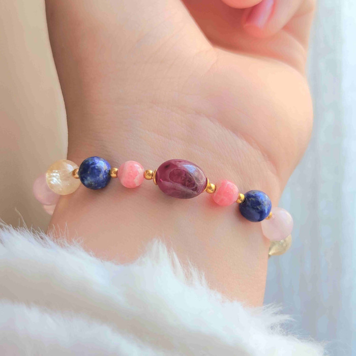 Multi Stone Bracelet , 8mm Citrine , Rose Quartz , Lapis Lazuli , Rhodochrosite & Ruby Bracelet