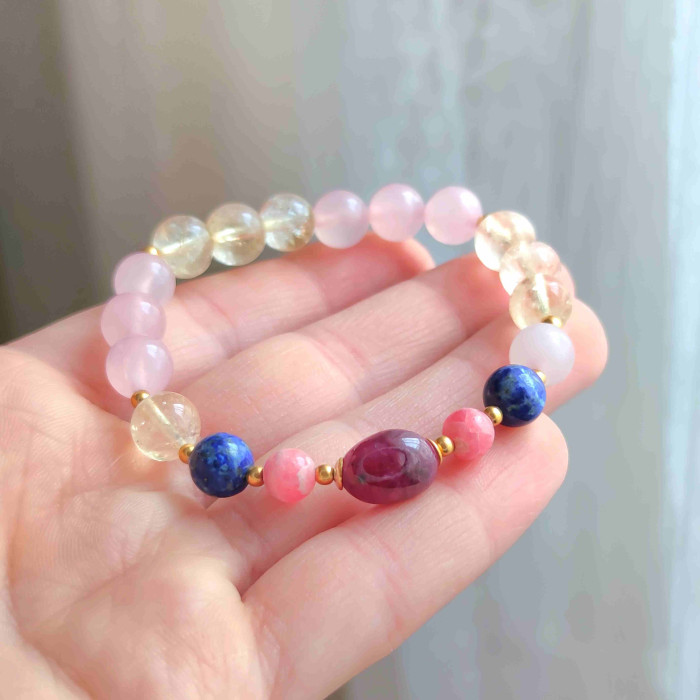 Multi Stone Bracelet , 8mm Citrine , Rose Quartz , Lapis Lazuli , Rhodochrosite & Ruby Bracelet