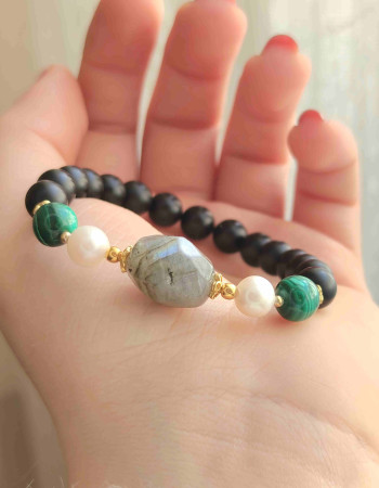 Multi Stone Bracelet , 8mm Black Onyx , Malachite , Pearl & Labradorite Bracelet