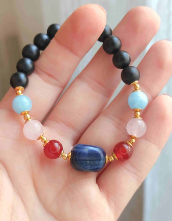Multi Stone Bracelet , 8mm Black Onyx , Aquamarine , Rose Quartz , Red Agate & Sodalite Bracelet