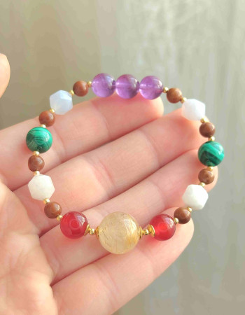 Natural Coke Wood Bracelet With Malachite , Moonstone , Amethyst , Red Agate & Golden Rutilated Quartz Stones