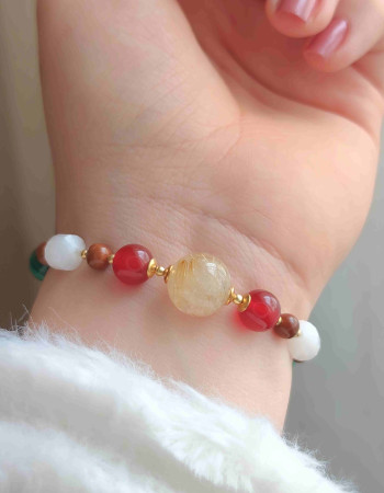 Natural Coke Wood Bracelet With Malachite , Moonstone , Amethyst , Red Agate & Golden Rutilated Quartz Stones