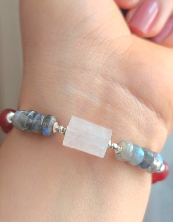 8mm Kırmızı Akik , Pembe Kuvars & Labradorit Taşlari Bileklik