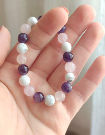8mm Doğal Havlit , Pembe kuvars & Ametist Taşlı Bileklik