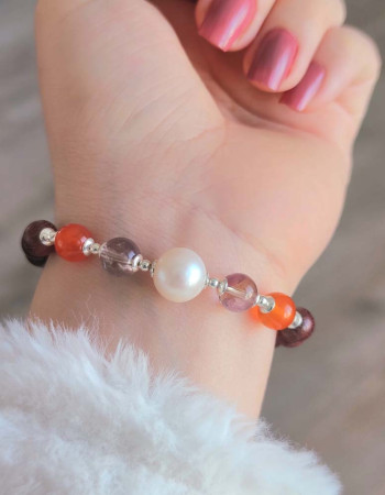 8mm Gül Ağacı, Carnelian, Ametrin ve Beyaz İnci Bileklik