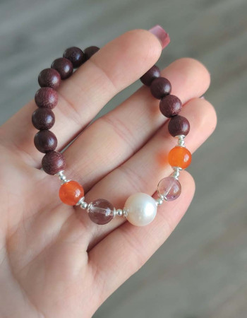 8mm Gül Ağacı, Carnelian, Ametrin ve Beyaz İnci Bileklik