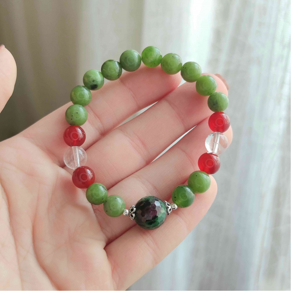 Multi Stone Bracelet , Natural Canadian Jade , Red Agate , Crystal Quartz And Ruby Zoisite Stones Bracelet