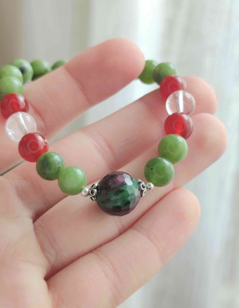Multi Stone Bracelet , Natural Canadian Jade , Red Agate , Crystal Quartz And Ruby Zoisite Stones Bracelet