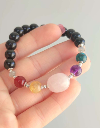 Multi Stone Bracelet , 8mm Black Onyx , Agate , Rose Quartz , Red Agate & Apatite Stones Bracelet