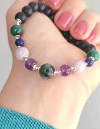 Multi Stone Bracelet , 8mm Black Onyx , Malachite , Kunzite , Lapis Lazuli , Amethyst & Emerald Stones Bracelet