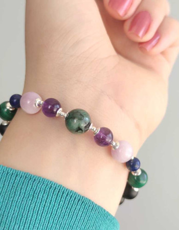Multi Stone Bracelet , 8mm Black Onyx , Malachite , Kunzite , Lapis Lazuli , Amethyst & Emerald Stones Bracelet