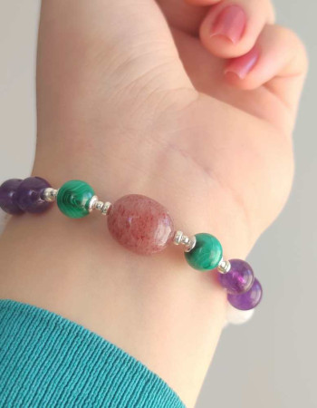 Multi Stone Bracelet , 8mm Moonstone , Amethyst , Malachite & Strawberry Quartz Stones Bracelet