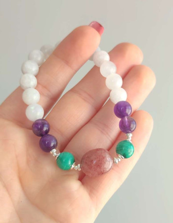Multi Stone Bracelet , 8mm Moonstone , Amethyst , Malachite & Strawberry Quartz Stones Bracelet