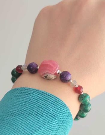 Multi Stone Bracelet , 8mm Malachite , Red Agate , Labradorite , Charoite & Rhodochrosite Stones Bracelet