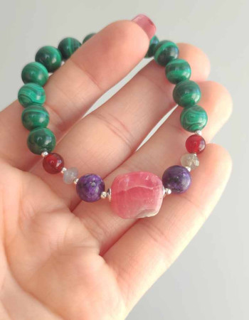 Multi Stone Bracelet , 8mm Malachite , Red Agate , Labradorite , Charoite & Rhodochrosite Stones Bracelet