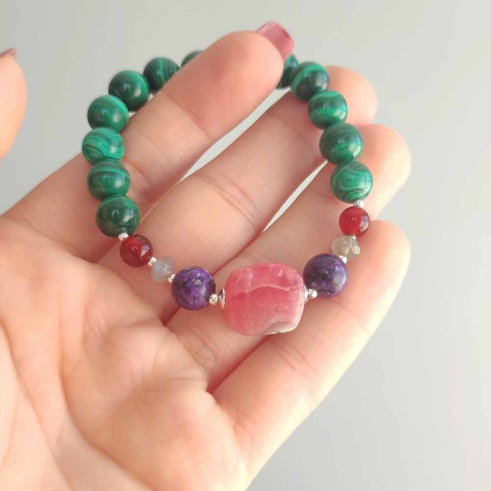 Multi Stone Bracelet , 8mm Malachite , Red Agate , Labradorite , Charoite & Rhodochrosite Stones Bracelet