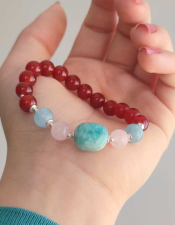 8mm Kırmızı Akik , Akuamarin , Pembe Kuvars ve Amazonit Taşlı Bileklik