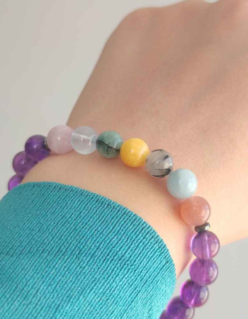 Royal Seven Chakras Bracelet , 8mm Ametist + Seven Rare Stones For Chakras